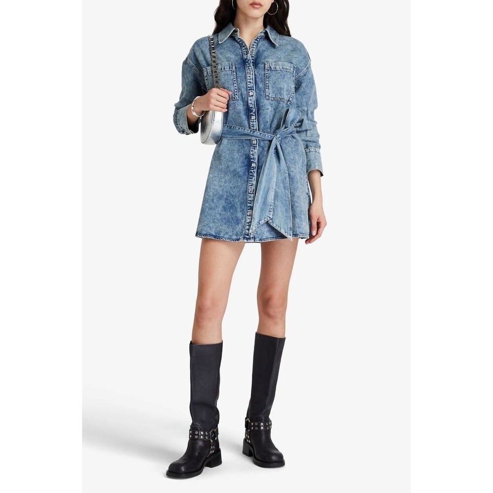 Alice + Olivia Brigita Denim Mini Dress Harlow Blue Acid Wash Size XS $440